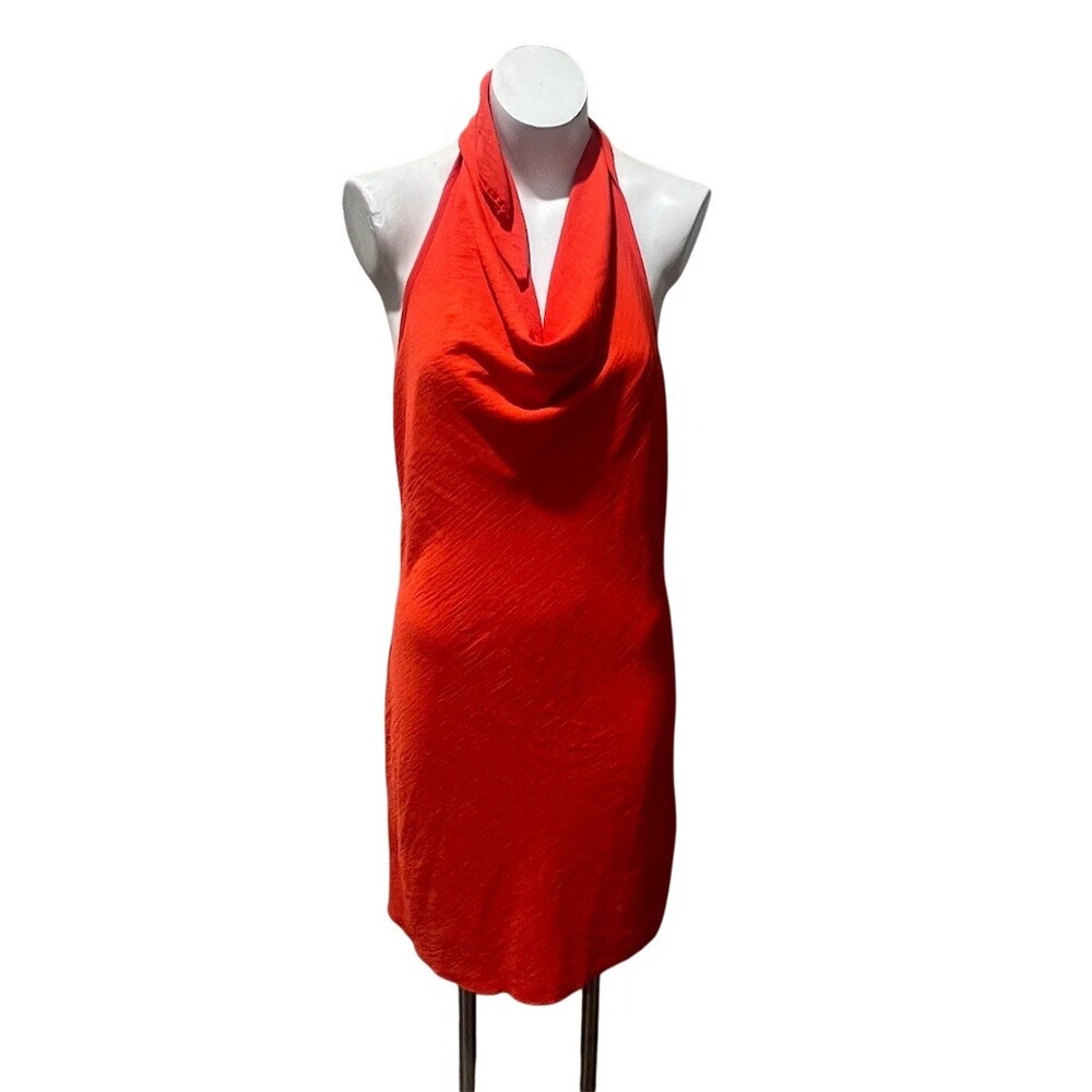 See You Monday Dress Womens L Orange Halter Cowl Neck Backless Slip Midi